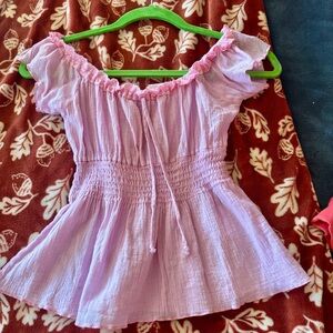Y2K Pink Off-Shoulder Smocked Top w/ Peplum Waist